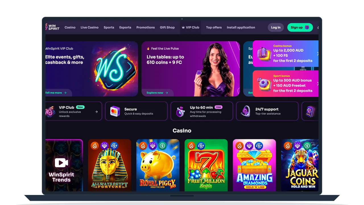 Home page of a casino that takes Australian players, with the VIP club panel, the live tables promotion and rows of pokie tiles, on a laptop